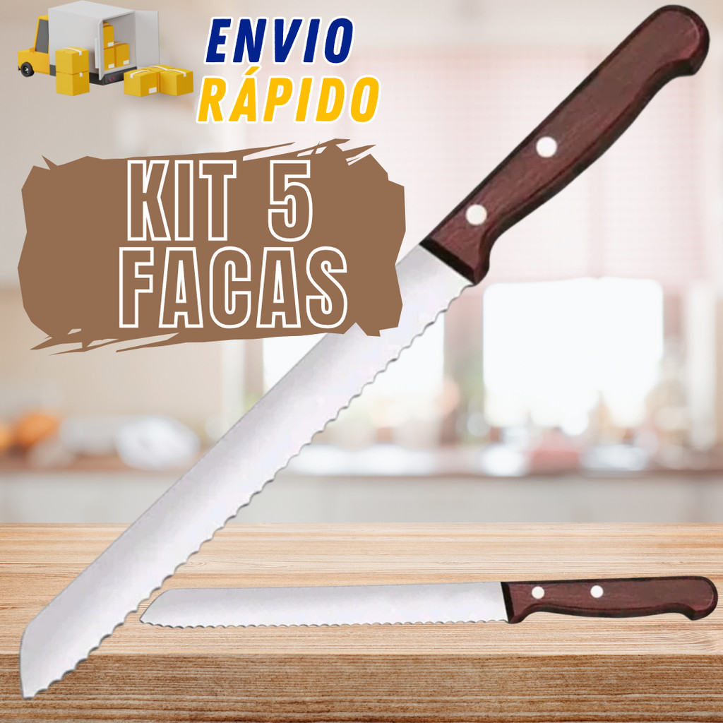 Facas Para Pão Cabo De Madeira 5 Peças Serra Serrilhada Grande 8 Bolo Profissional 32cm Talher