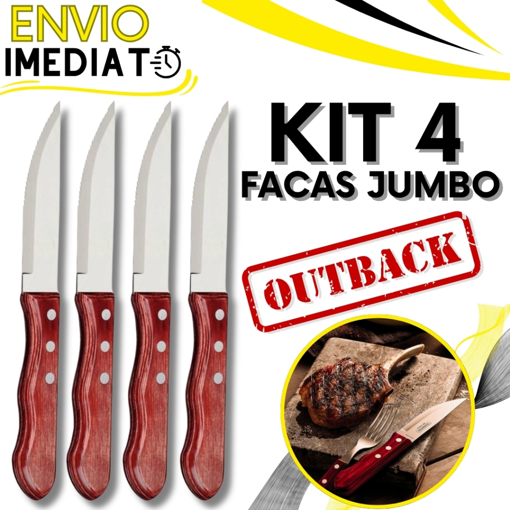 Jogo de Talher KIT 4 Peças Faca Jumbo Outback Cabo De Madeira Inox Wooden Para Churrasco Carne Casa com Serra Serrilhada