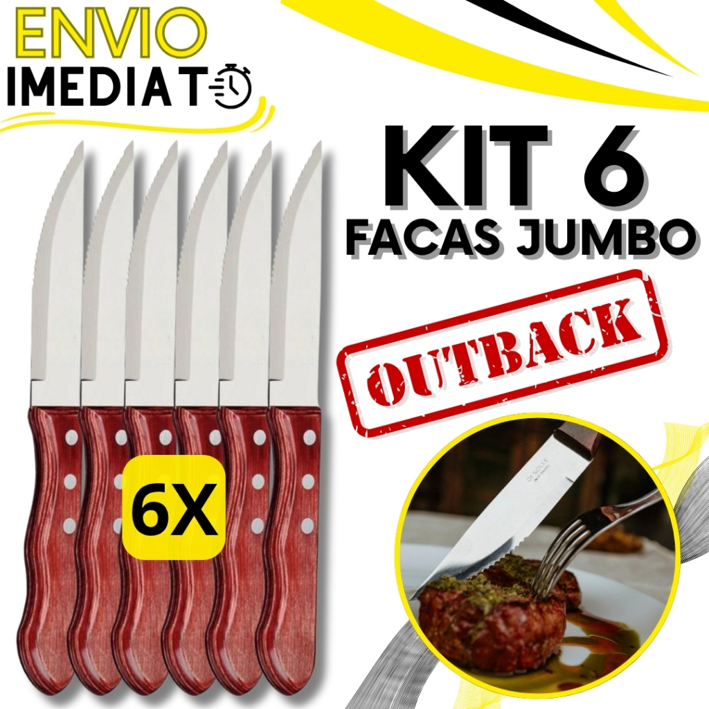 Jogo de Talher KIT 6 Peças Faca Jumbo Outback Cabo De Madeira Inox Wooden Para Churrasco Carne Casa com Serra Serrilhada