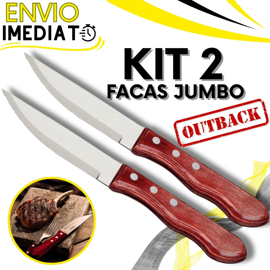 Jogo de Talher KIT 2 Peças Faca Jumbo Outback Cabo De Madeira Inox Wooden Para Churrasco Carne Casa com Serra Serrilhada