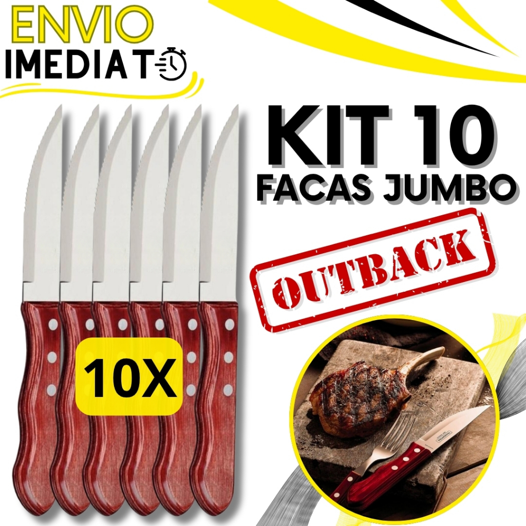 Jogo de Talher KIT 10 Peças Faca Jumbo Outback Cabo De Madeira Inox Wood Para Churrasco Carne Casa com Serra Serrilhada