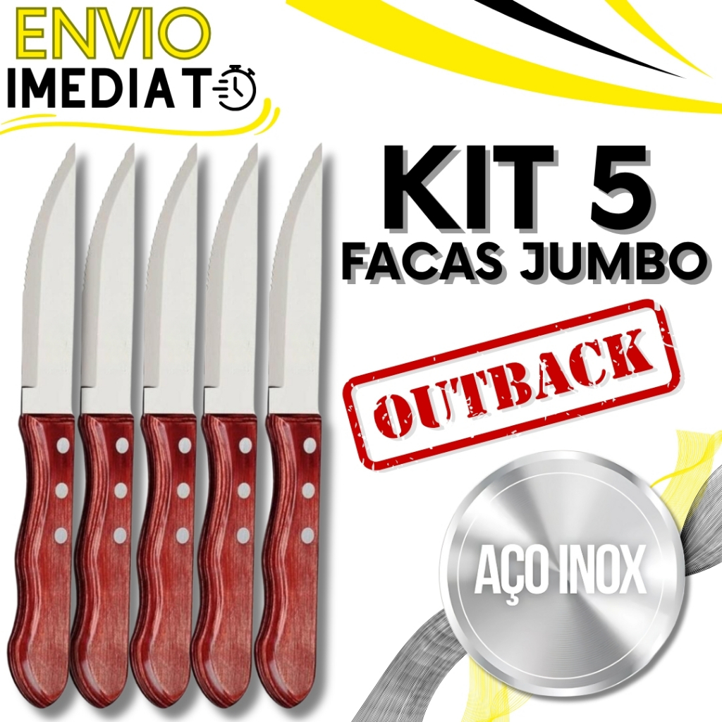 KIT Jogo  2/5 Peças Faca Jumbo Outback Cabo De Madeira Inox Wooden Para Churrasco Carne Casa com Serra Serrilhada