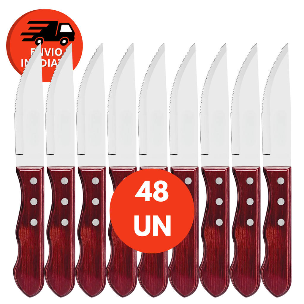 Faca Jogo Para Churrasco Jumbo Inox Serra Cabo Madeira Outback Churrascaria Wood Kit 24, 36 Ou 48 Un