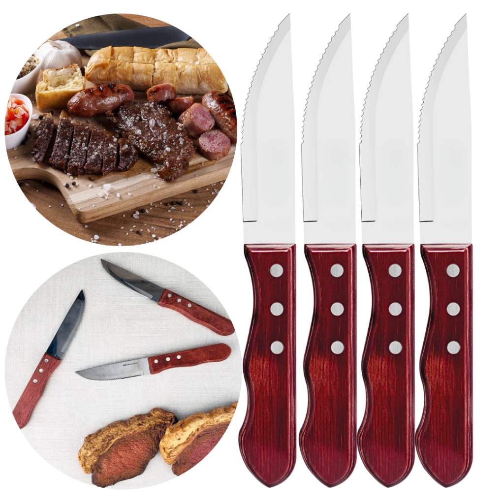 Faca Jogo Para Churrasco Jumbo Inox Serra Cabo Madeira Outback Churrascaria Wood Kit 24, 36 Ou 48 Un