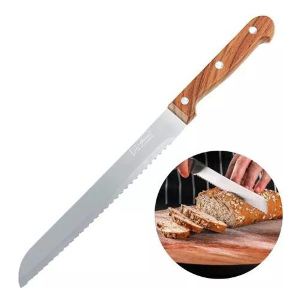 Faca Para Pães Bolos Serra Serrilhada Aço Inox Cabo Madeira Cor Prateado