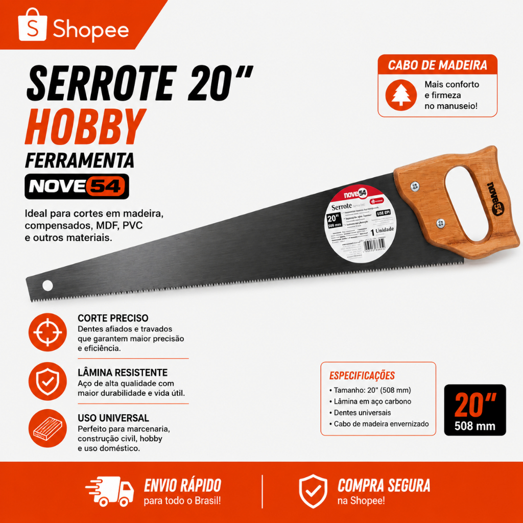 Serrote Profissional 20'' Lâmina de Aço Cabo De Madeira Ferramenta Nove54