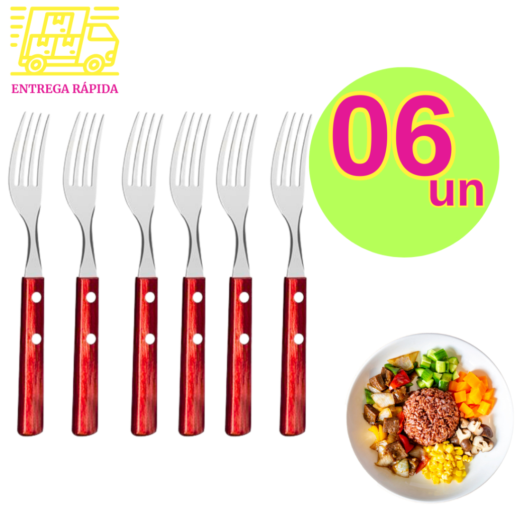 Kit 6 Garfos Aço Inox Serra Serrilha Premium Cabo de Madeira Cozinha Mesa para Casas Restaurantes