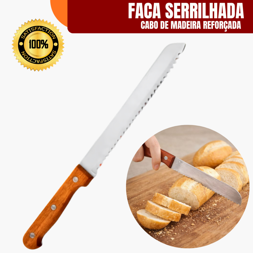 Faca Para Pão 8 Com Serra Aço Inox Cabo Madeira Cor Marrom