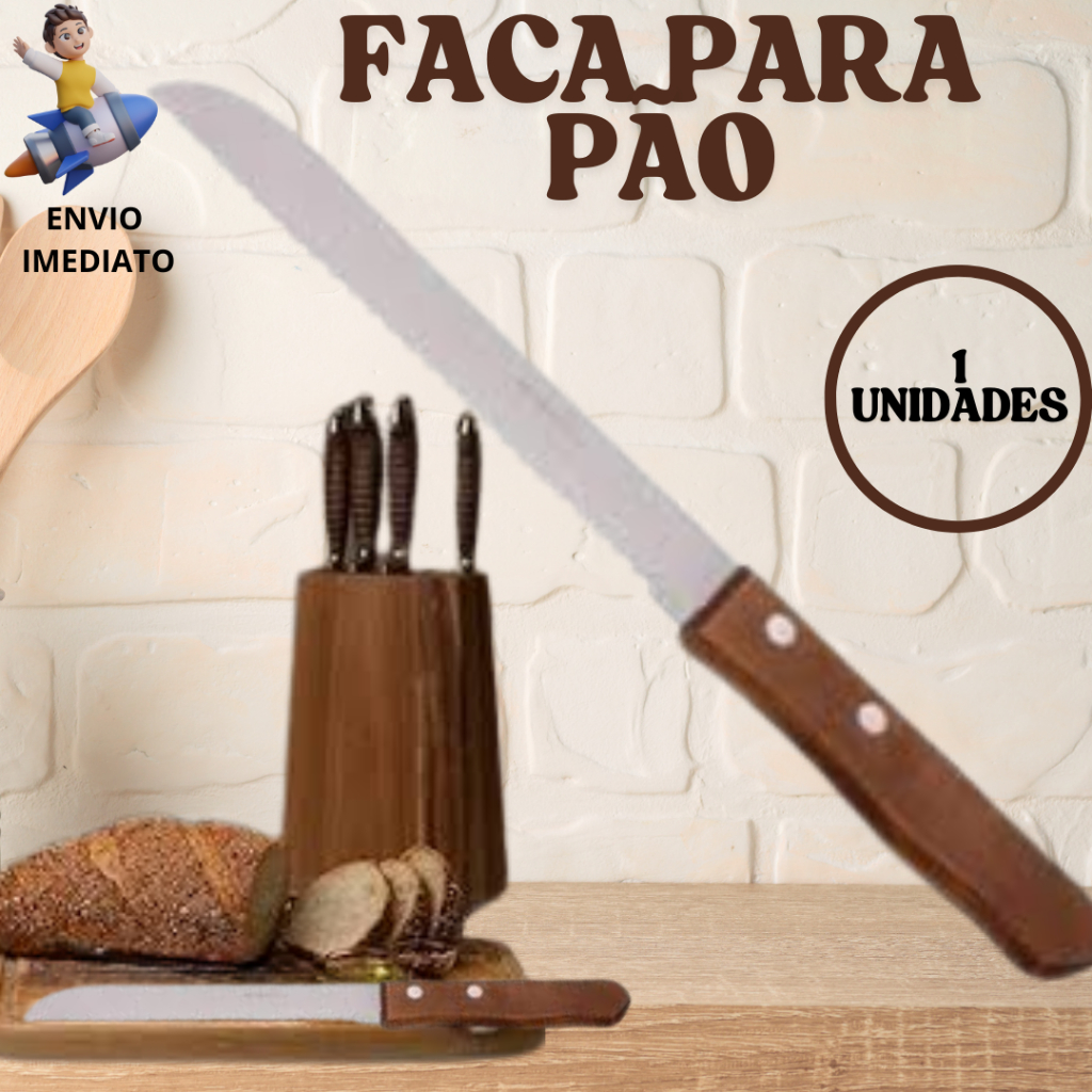 Faca Para Pão 8'' De Inox E Cabo de Madeira Com Serra Para Cortar Pães Bolos De Casa Cozinha Padarias