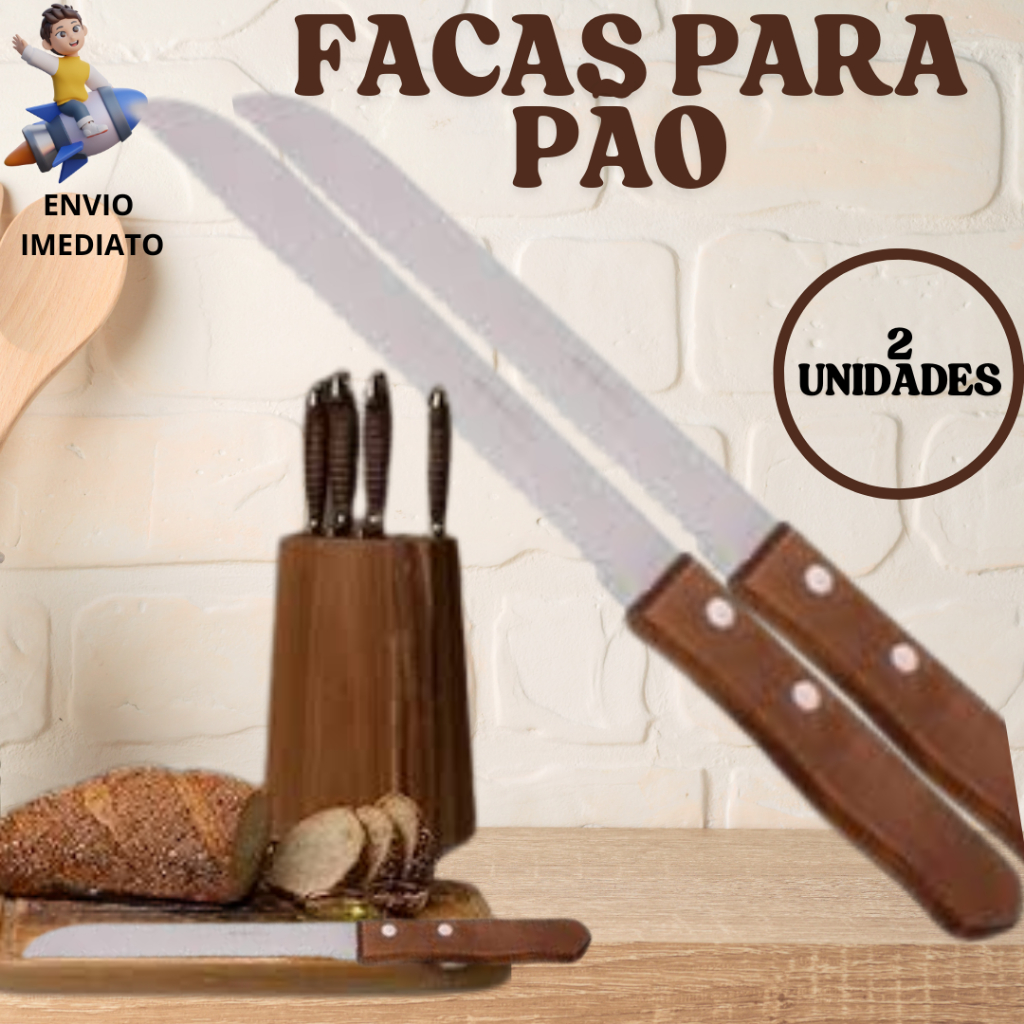 Kit Faca Para Pão 8'' De Inox E Cabo de Madeira Com Serra 2 Peças Para Cortar Pães Bolos De Casa Cozinha Padarias