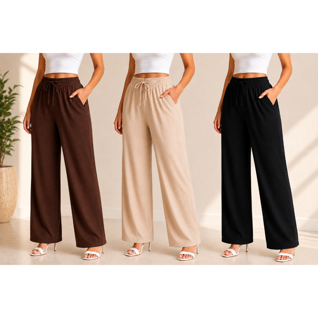 Calça Pantalona Feminina em Linho com Cós Elástico e Bolsos Laterais
