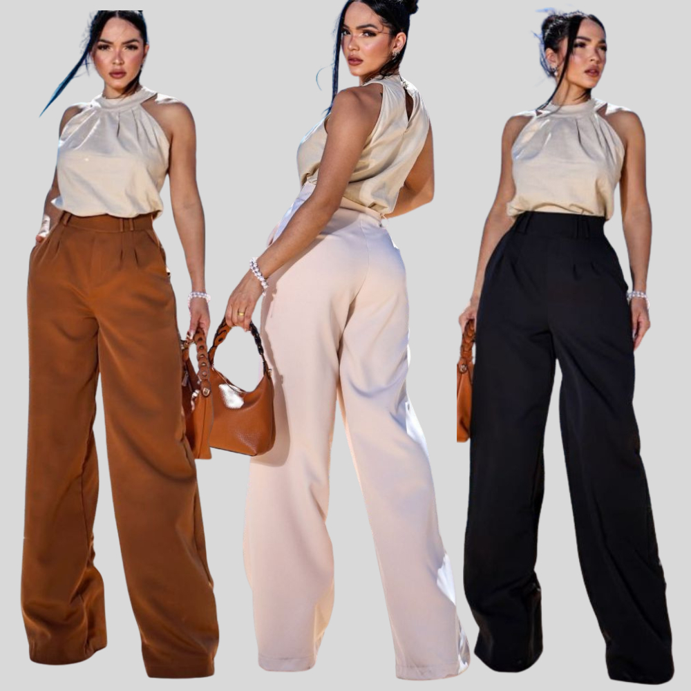 Calça Pantalona Feminina Alfaiataria Cintura Alta  Elegante e Confortável com Bolsos lateral