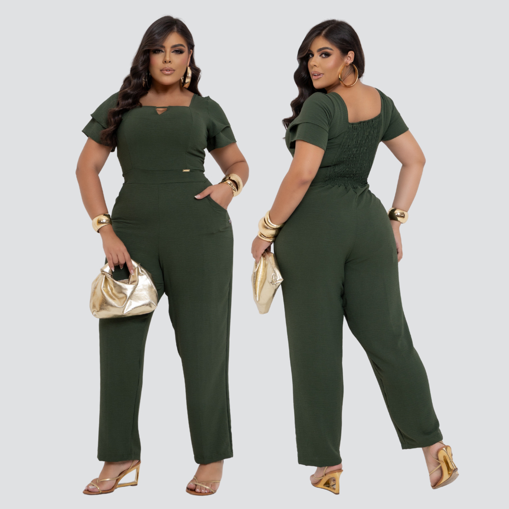 Macacão Longo Feminino Plus Size Duna Pantalona Com Lástex que Modela Elegante Festa