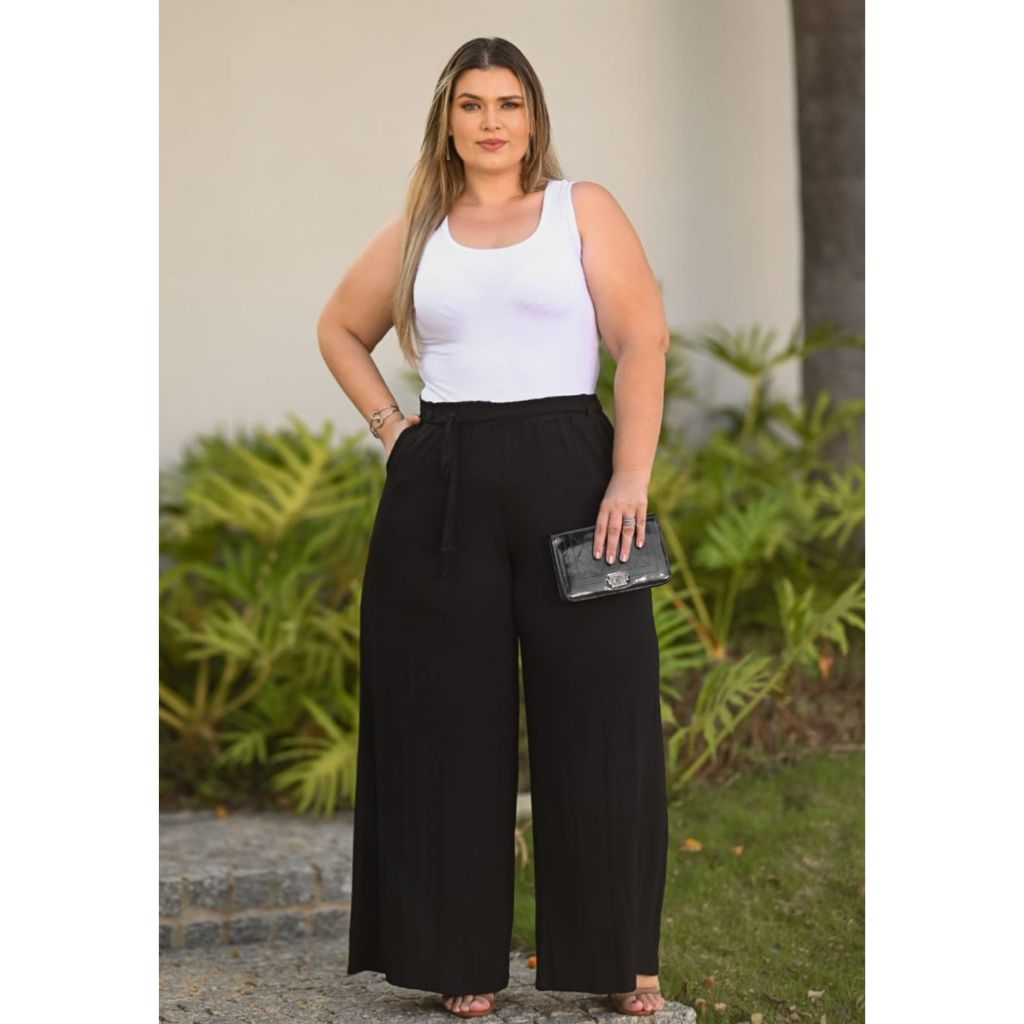 Calça Feminina Plus Size Pantalona com Faixa  W Bolsos Social Trabalho Casual GG ao G4