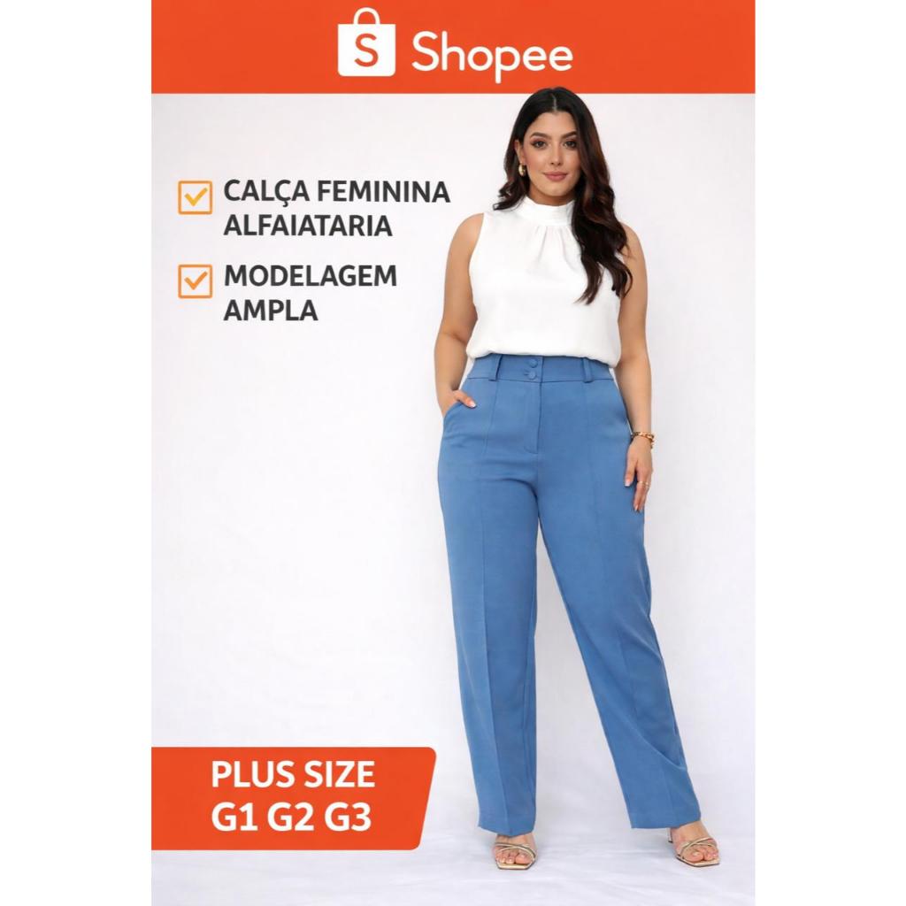 Calça Alfaiataria Plus Size Feminina Social Pantalona Cintura Alta com Bolso Zíper e Botão G1 G2 G3 46 ao 52 Elegante