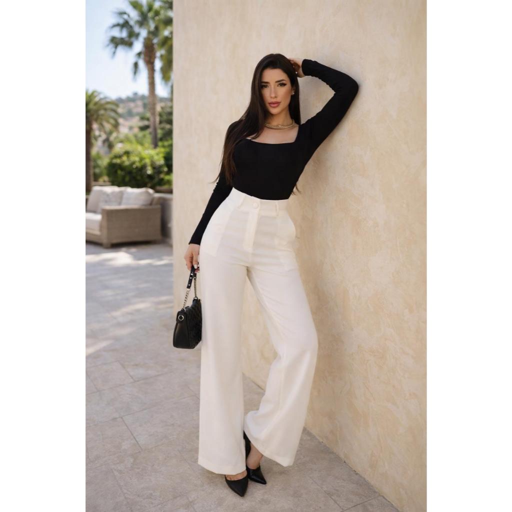 calça feminina pantalona wide leg com bolso botão forro tendência chique