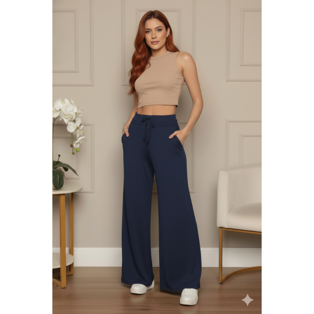 Calça Feminina Pantalona Wide Leg de Viscolaycra com bolsos Azul