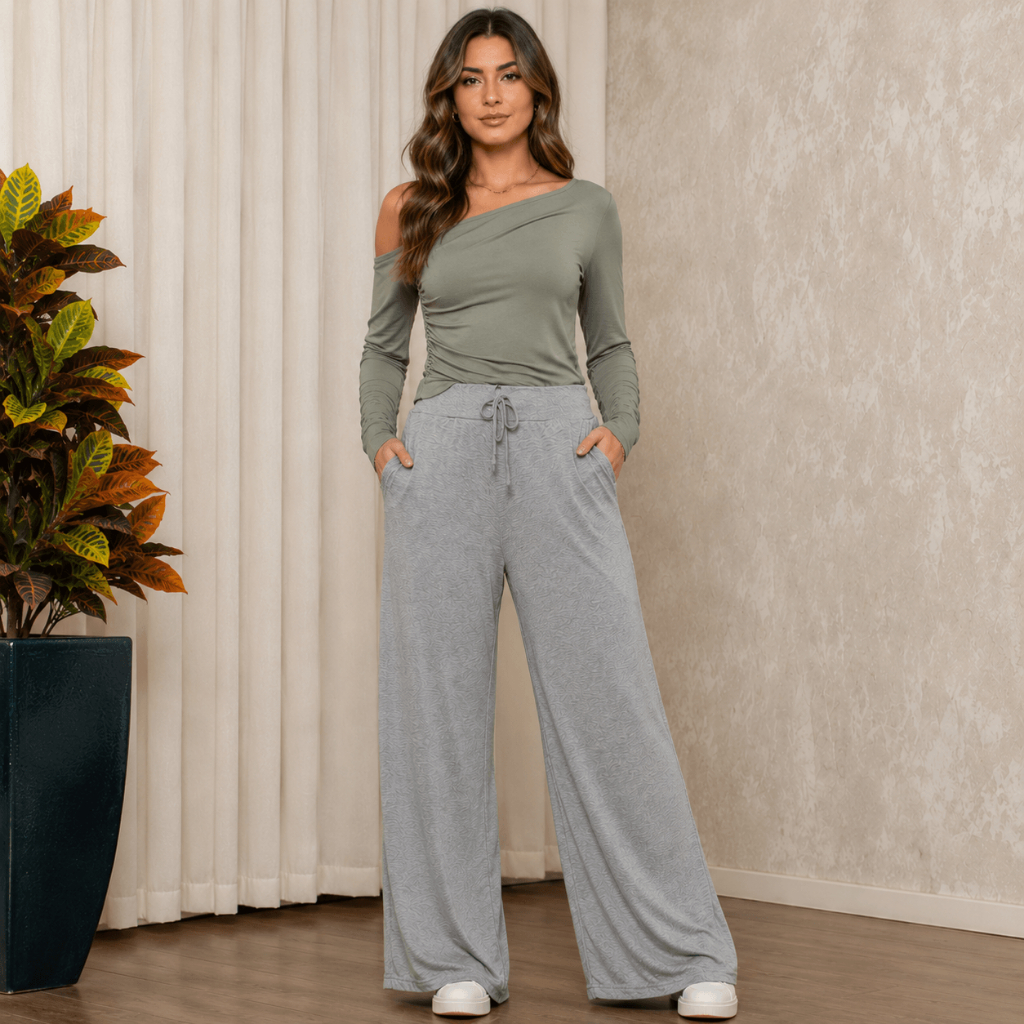 Calça Pantalona de Viscolaycra com bolsos Cinza