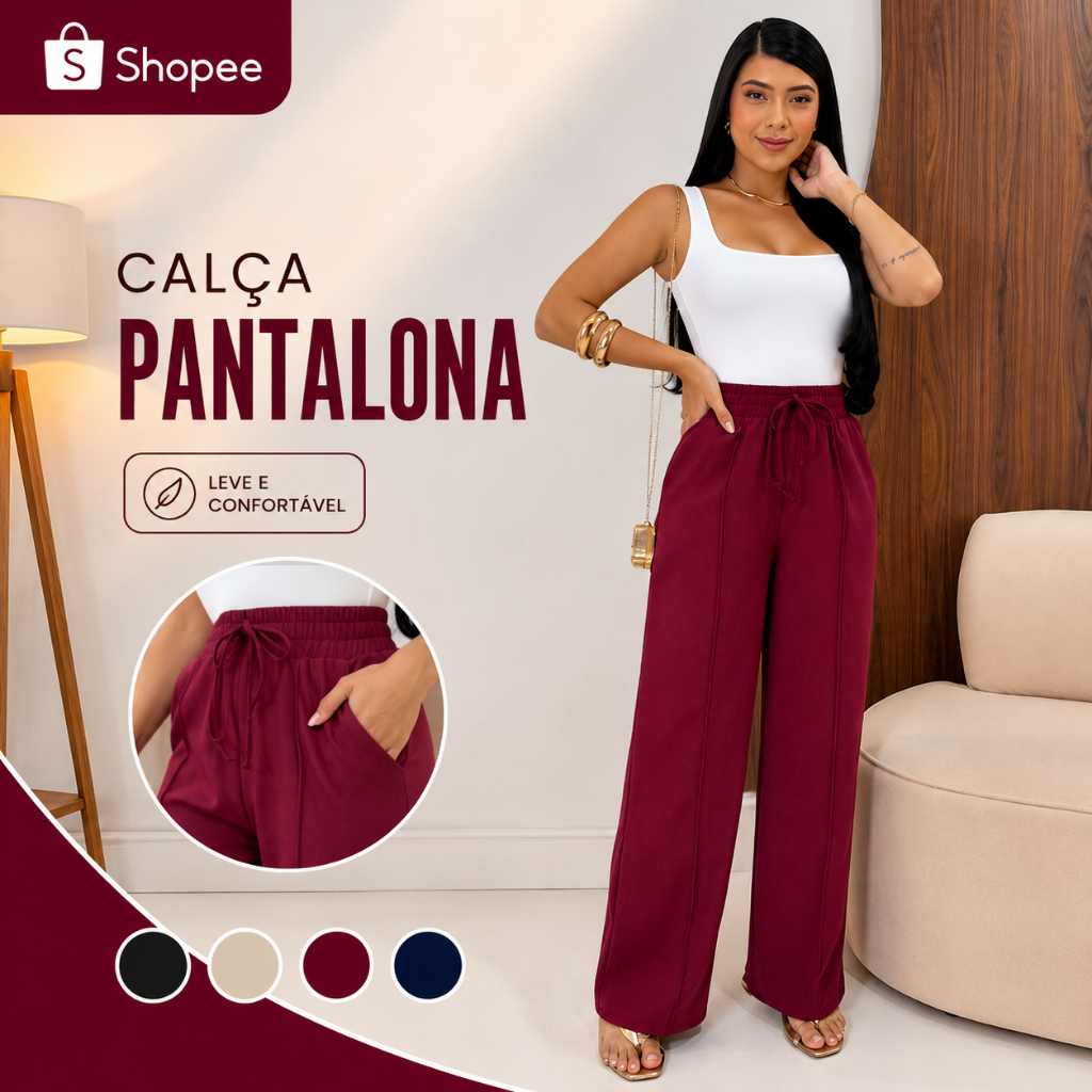 Calça Dunas Feminina Pantalona Soltinha Confortável Com Bolsos Tecido Leve e Confortável