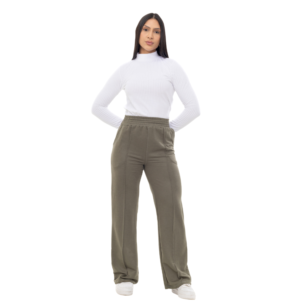 Calça Feminina Pantalona Nervura Frontal Moletom Careca com Bolsos