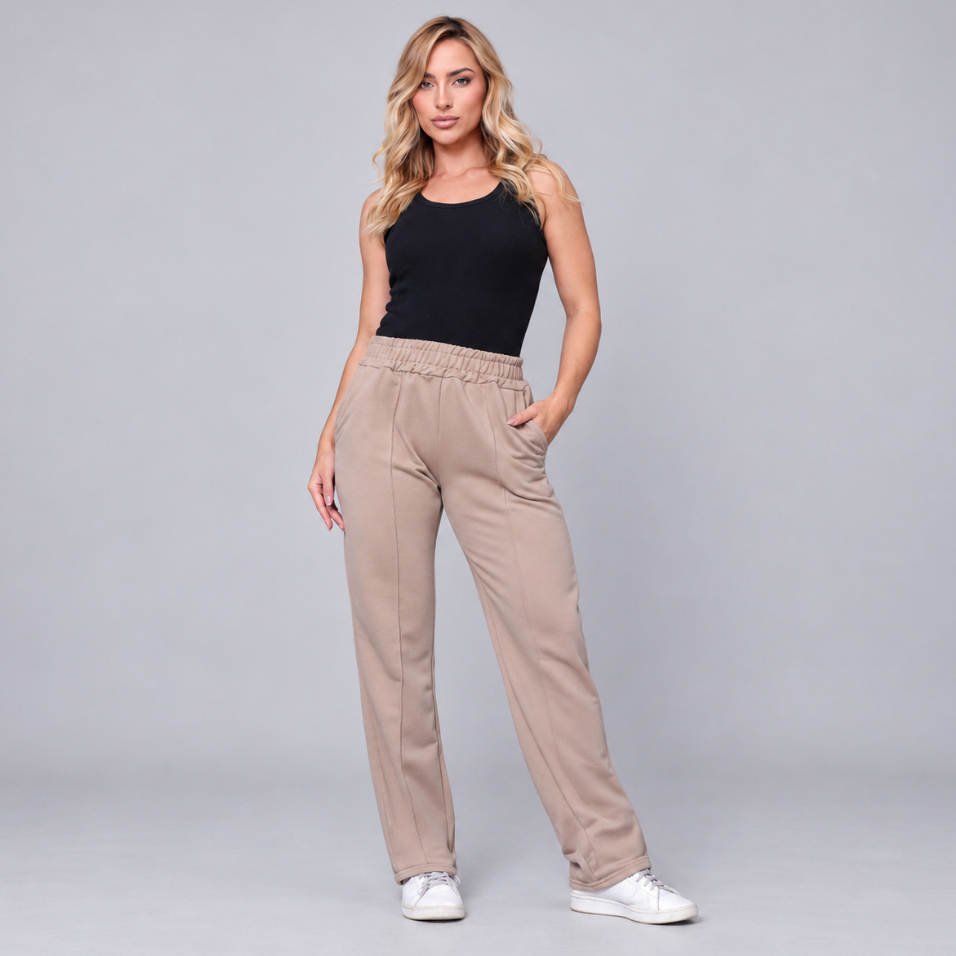 Calça Wide Leg Feminina Moletom Flanelado Pantalona Cintura Alta Elástico Bolso Confortável Algodão Streetwear