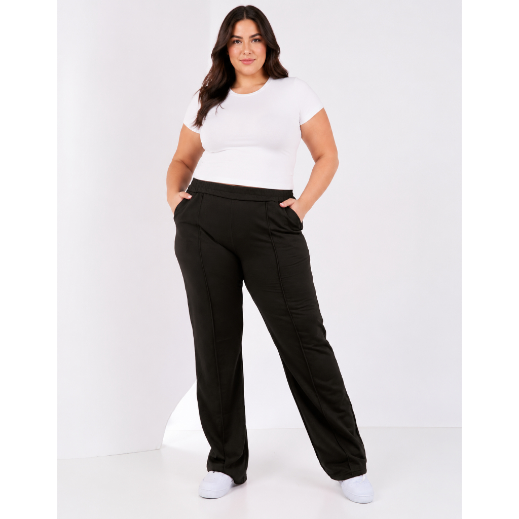 Calça Moletom Feminina Wide Leg Moletinho Pantalona Plus Size Cintura Alta Peluciada Flanelada Bolso Casual G1 G2 G3