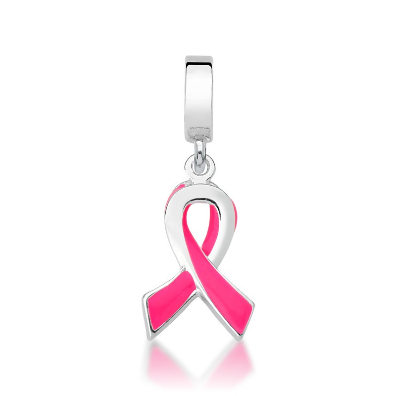 Berloque Prata 925 Laço Rosa Esmaltado Símbolo da Cura e Conscientização Outubro Rosa