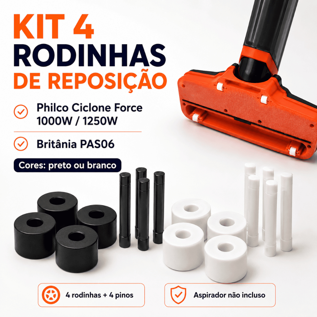 Kit 4 Rodinhas + Eixos Aspirador Philco Ciclone Force 1000W 1250W PAS06 Britânia Reposição