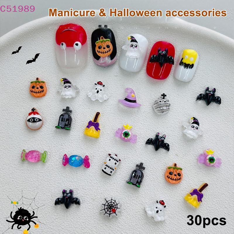 [kaan] 30 Peças Amuleto De Arte De Unha De Halloween 3D Kawaii Abóbora Fantasma Decorações De Resina Palhaço De Desenho