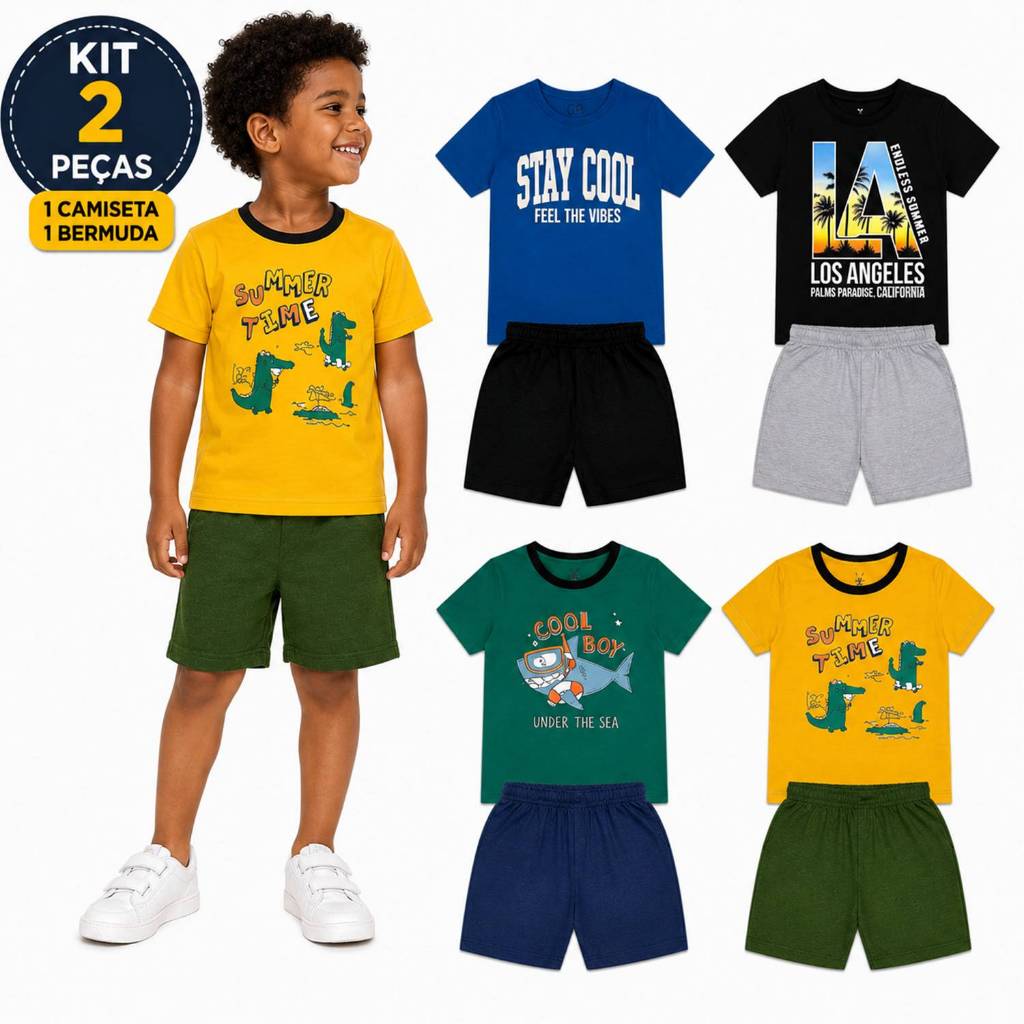 Kit 1 Conjunto Infantil Menino Camiseta Bermuda 2 Peças Tam 1 ao 12