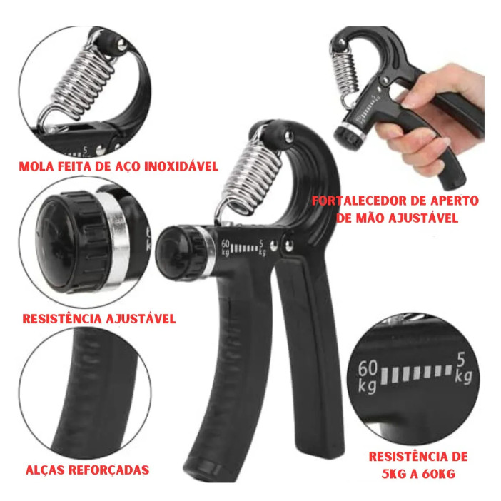 Hand Grip 5kg a 60kg + Extensor de Dedos + Anel de Resistência + Ovo Antiestresse + Exercitador de Mãos + Bolsa - Kit Fo