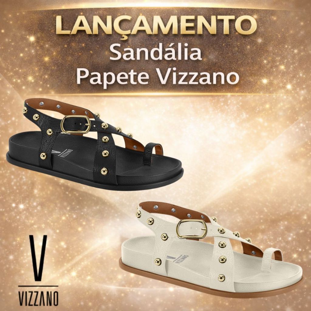 Sandália Papete Vizzano Feminina Confortável Spikes Moderna Casual Lançamento nas Cores Preto e Branco