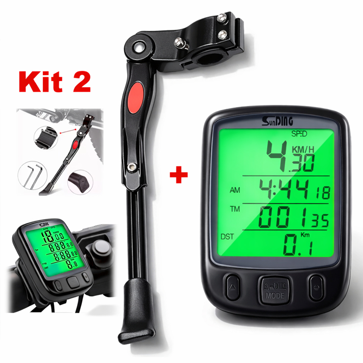 Kit Pezinho Descanso Lateral  aro 20 a 29 + Velocímetro Computador Digital À Prova Água Com Fio