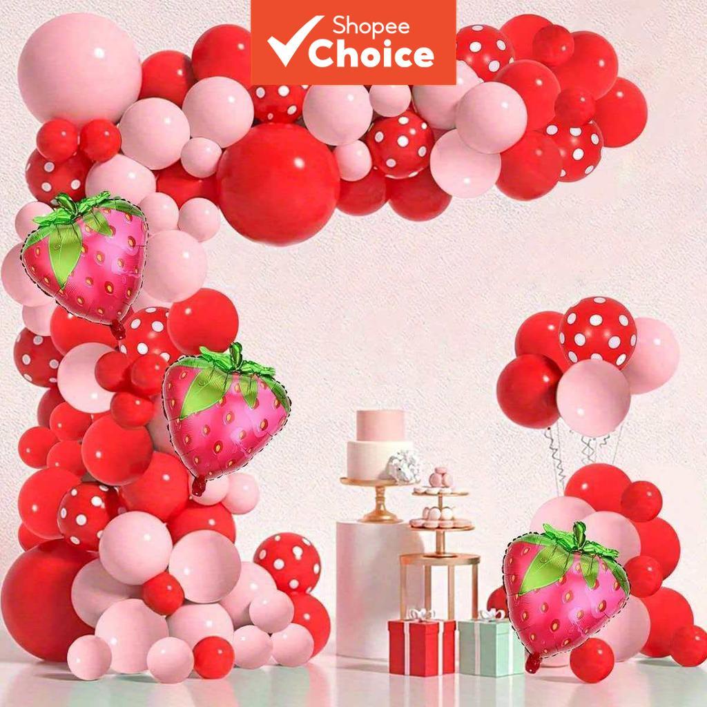 Kit de 117 Balões de Arco com Frutas Vermelhas – Balões de Látex Rosa e Vermelho para Festas de Aniversário, Casamento,