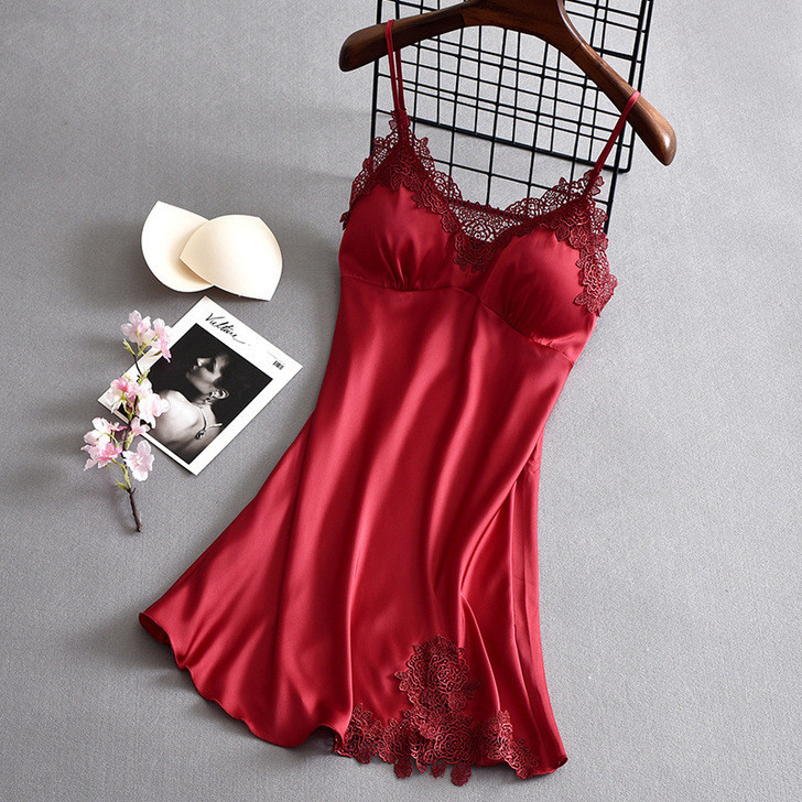 Vestido De Noite De Verão Novo Satin Women Nightdress Com Almofada De Peito V-Neck Pijama