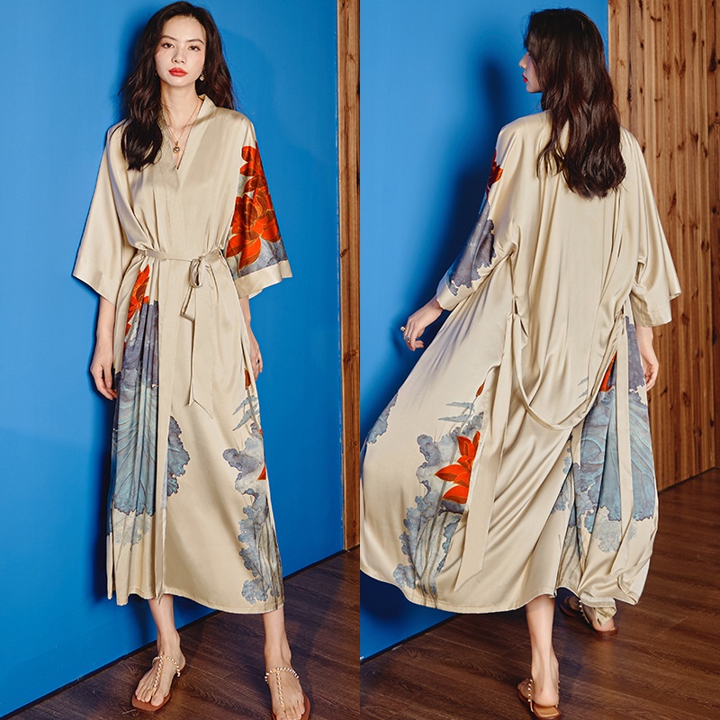 Novo Estilo Pijama Satin Pijama Mulher Tamanho Grande Manga de Luxo Leve de Três Trimestres Vestido de Banho Frio Roupa de Banho Caseiro
