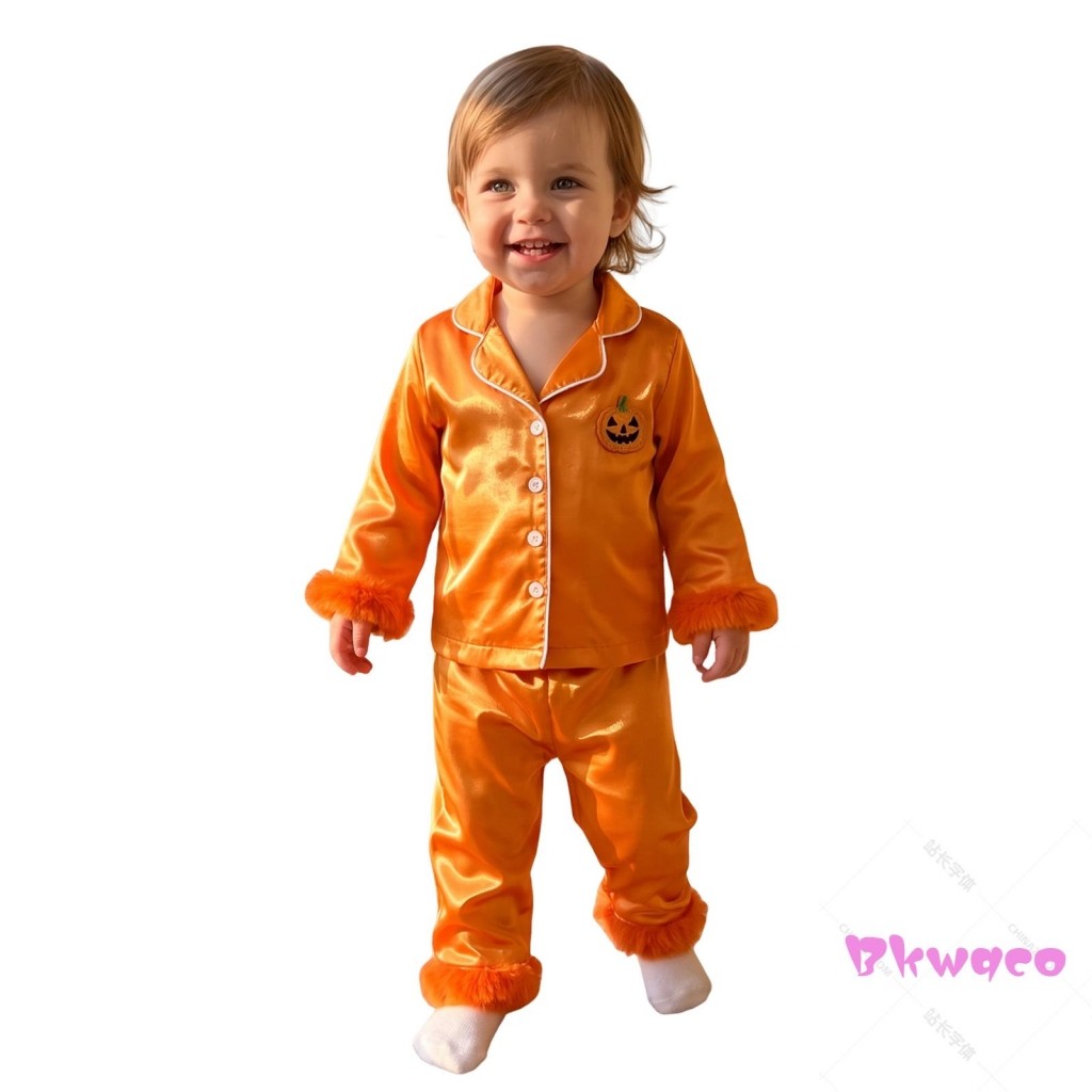 Bkw-Satin Kids Girls Pijama De Halloween Com Abóbora/Fantasma Bordado Tops E Calças