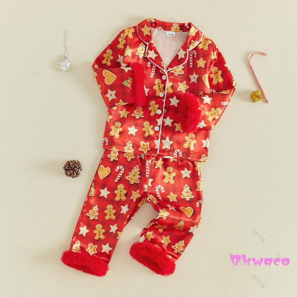 Bkw-Satin Kids Girls Pijama De Natal Gingerbread Man Estampa Tops E Calças