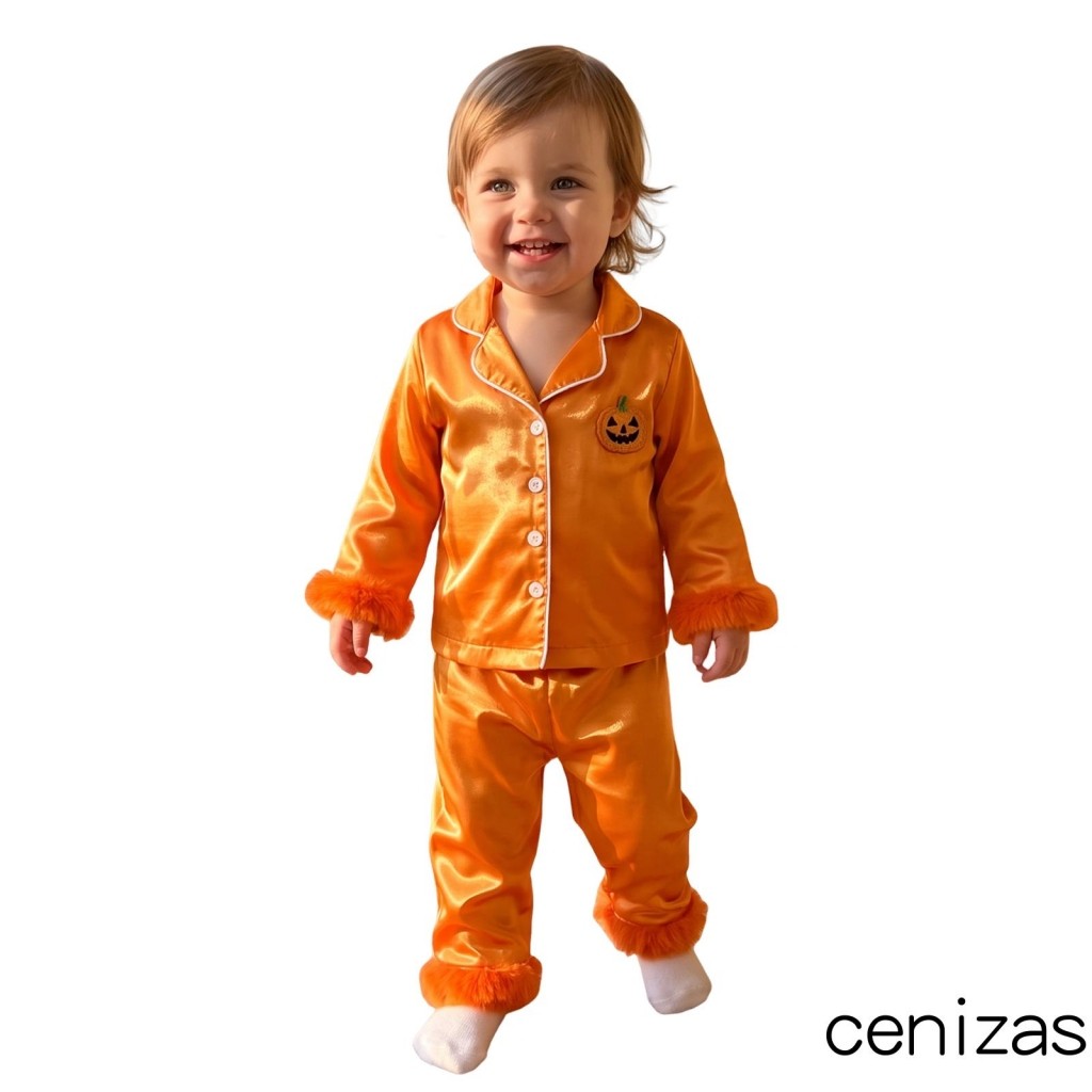 CZN-Satin Kids Girls Halloween Pijama Abóbora/Ghost Bordado Tops E Calças