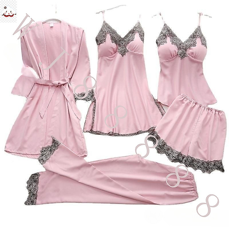 Pijama De Seda 5 Peças Mulher Satin Nightwear Esparguete De Renda Para Dormir