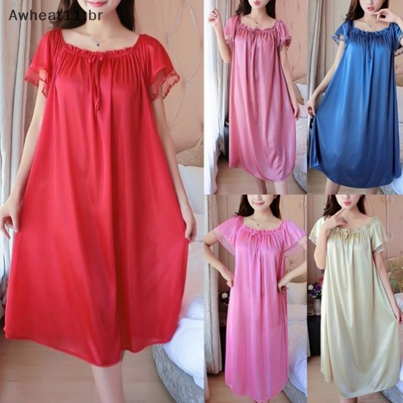 Awheat11 Ice Silk Satin Pijamas Camisola Mulheres Vestidos De Dormir Plus Size