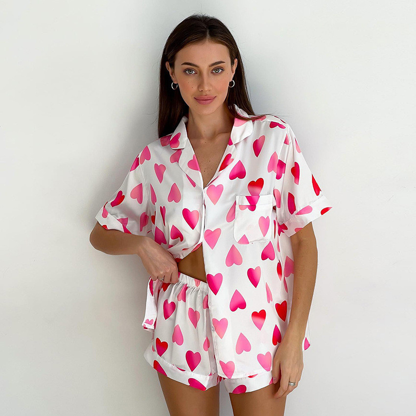Conjunto de Pijama de Seda Satin com Estampa de Coração para Mulheres, Camisa Casual de Manga Curta com Botões