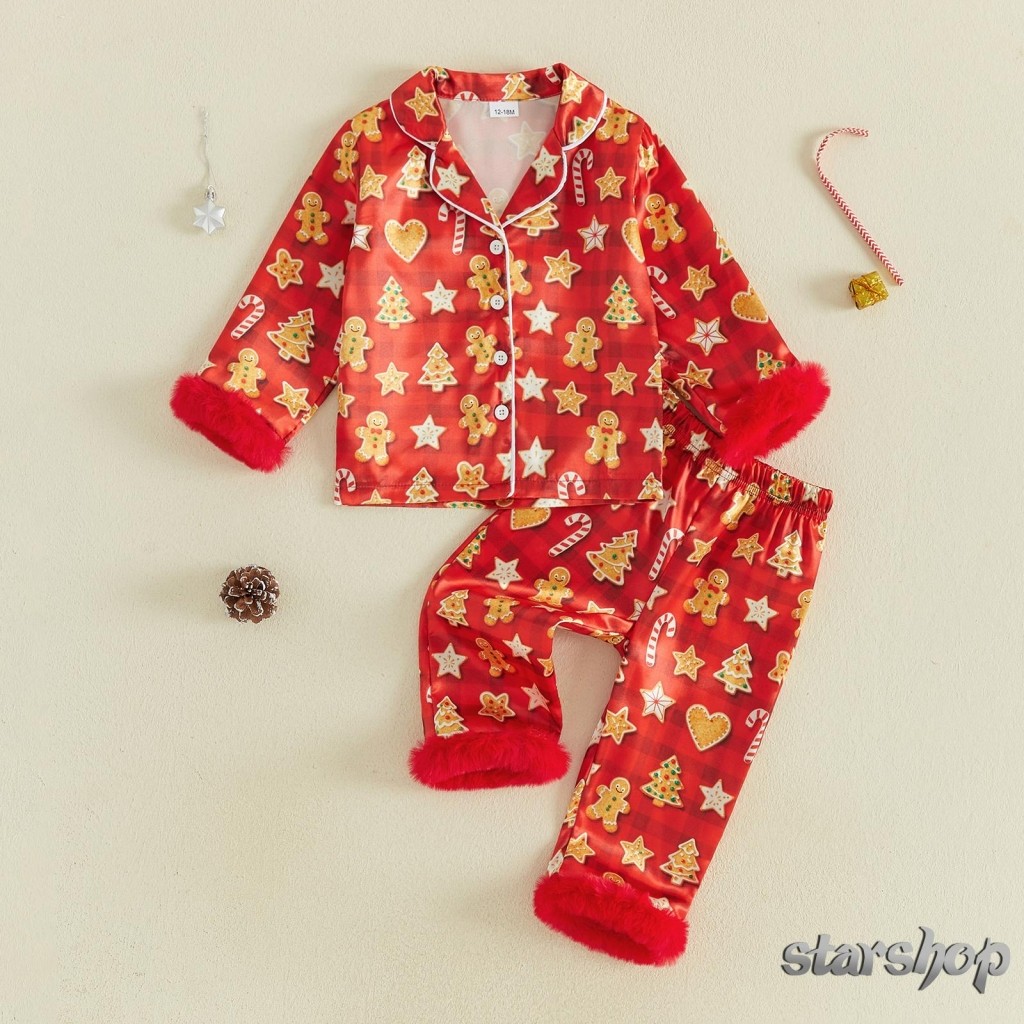 Starshop-Satin Kids Girls Pijama De Natal Gingerbread Man Com Estampa De Tops E Calças