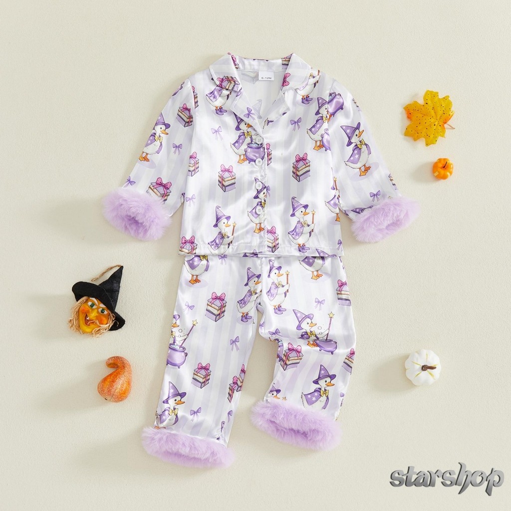 Conjunto De 2 Peças De Pijama De Halloween Starshop-Satin Girl Com Estampa De Ganso