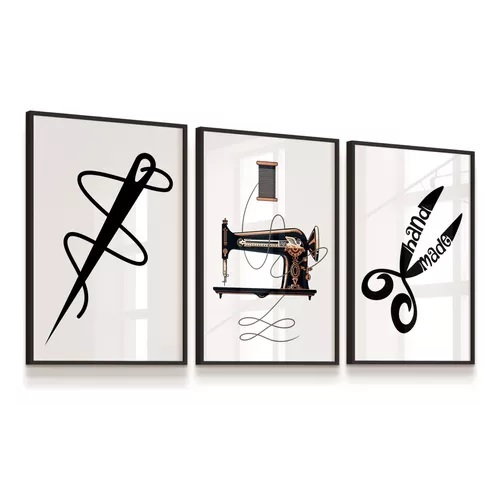 Quadro Máquina Costura Agulha Linha Tesoura 20x30 Cada