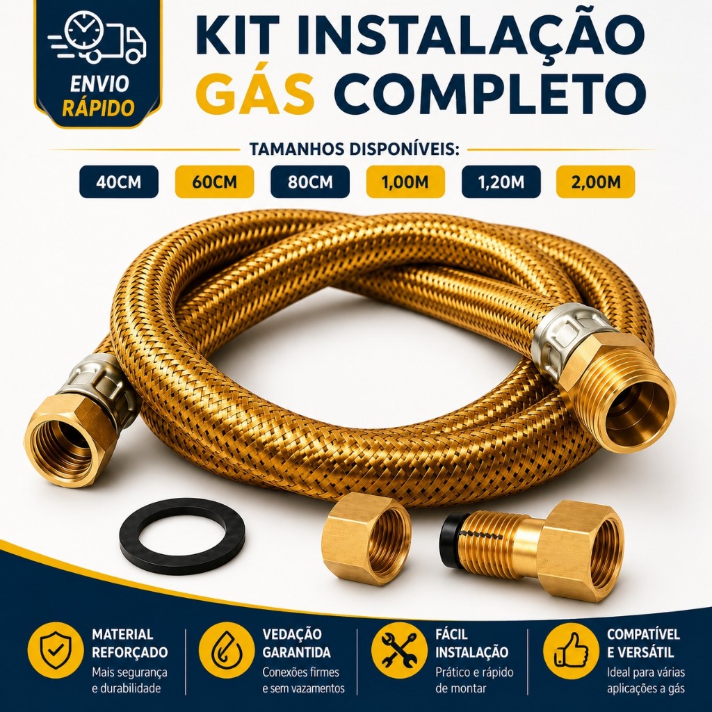 Kit Mangueira Gas Encanado Metalica Cobre Adaptador Femea Instalação Apartamento Cooktop Aquecedor