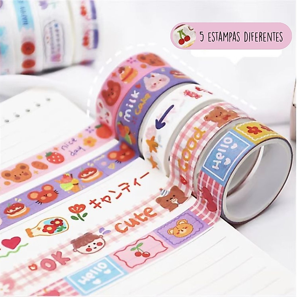 Kit Fita Washi Tape Bichinhos e Comidinhas com 4un na Caixinha Bear Milk Cake Eat Happy Nice Day