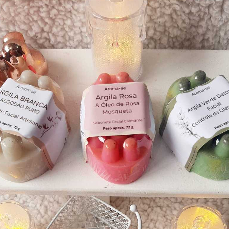 Kit 3 Sabonetes Faciais de Argila Natural Artesanal Verde Rosa Branca Limpeza Facial Pele Oleosa e Mista
