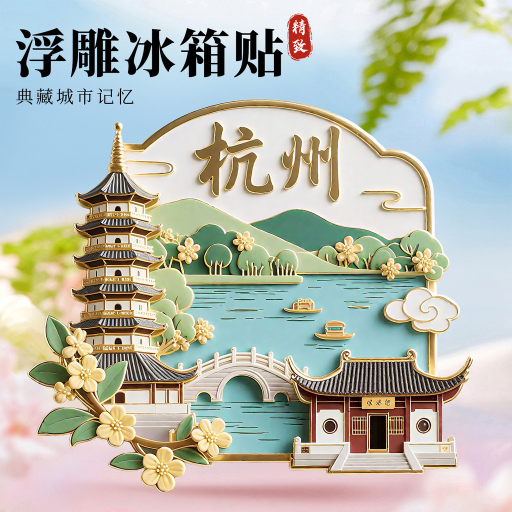 Adesivo magnético para geladeira em relevo Hangzhou 3D tridimensional West Lake Ray Peak Tower City Atrações turísticas