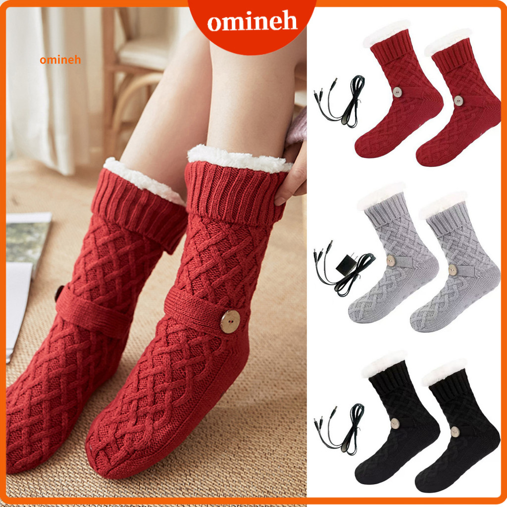 Usb Socks Electric Heating Fleece for Men Women Thermal Winter Slippers with Non-slip Grippers Warm Knitted Foot Warmers